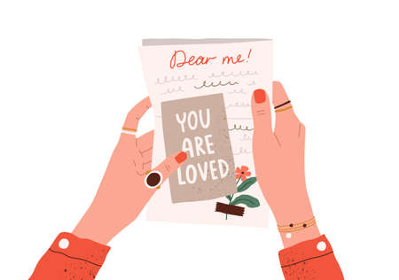 Female hands holding postcard and handwritten love letter to her future self. Woman reading message written in past. Mail to yourself concept. Flat vector illustration isolated on white backgroundのイラスト素材