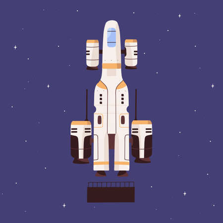 Futuristic spaceship flying in outer space. Intergalactic spacecraft on sky and stars background. Spaceflight of cosmic shuttle. Colored flat vector illustration of universe travelingのイラスト素材