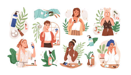 Set of women applying cleansing and moisturizing face skincare products at home. Everyday skin care routine with cleanser and moisturizer. Colored flat graphic vector illustration isolated on whiteのイラスト素材