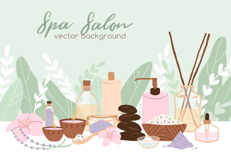 Spa, wellness and beauty salon background. Promotion template design with flowers, leaves, cosmetic bottles and packagings. Flat vector illustration of banner with organic cosmetics and plantsのイラスト素材