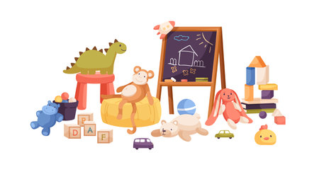 Chalkboard with childish drawings, kids toys, balls, teddy bear, cars, books, cubes and blocks for kindergarten. Composition of nursery items. Flat cartoon vector illustration isolated on white.のイラスト素材