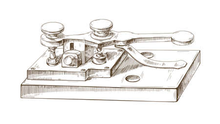 Sketch of old telegraph machine in vintage style. Antique Morse code device for communication. Detailed realistic hand-drawn vector illustration of historical equipment isolated on white background.のイラスト素材