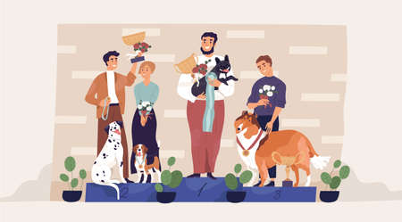 Winners of dog contest standing on pedestal with their owners, holding golden cups and medals. Champions with awards on podium. Leaders of pet competition. Colored flat graphic vector illustration.のイラスト素材