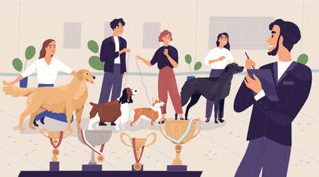 Scene with happy pet owners and dogs waiting for announcement and rewarding of competition winners. Awards of canine contest. Colored flat graphic vector illustration of awarding ceremony.のイラスト素材