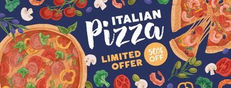 Design of horizontal ad banner for pizzeria with pizzas and ingredients on colored background. Promo template for Italian food restaurants or cafes. Hand-drawn vector illustration of advertisement.のイラスト素材