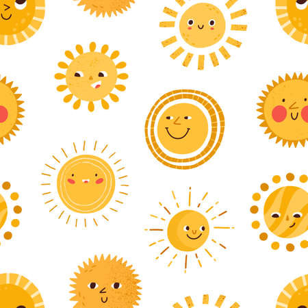 Seamless childish pattern with cute happy smiling sun characters on white background. Design of...