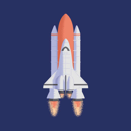 Spaceship flying up with fuel fire flames from engine. Spacecraft traveling in outer space. Cosmic shuttle flight. Colored flat textured vector illustration of intergalactic jet spacewalkのイラスト素材
