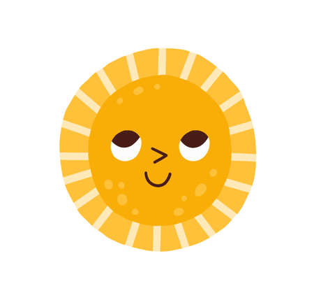 Cute sun character with happy smiling face and funny eyes. Childrens drawing in doodle style. Summer sunrise. Childish colored flat graphic vector illustration isolated on white backgroundのイラスト素材