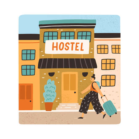 Tourist with backpack and suitcase going to hostel entry. Hotel building for night accommodation. Colored flat vector illustration of young woman with luggage walking to house entranceのイラスト素材
