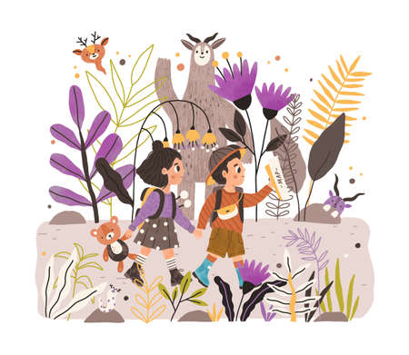 Happy kids walking together in fairy forest of wonderland. Boy and girl holding hands and hiking in fantastic nature. Colored flat vector illustration of whimsical woods isolated on white backgroundのイラスト素材