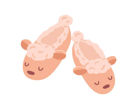 Pair of closed winter slippers isolated on white background. Cozy fluffy home shoes with cute sheep. Comfy footwear. Colored flat vector illustration of warm fuzzy soft footgearのイラスト素材