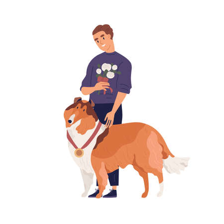 Portrait of young happy smiling man and cute dog standing together with gold medal as winner of doggy show. Pet owner and purebred collie. Colored flat graphic vector illustration isolated on whiteのイラスト素材