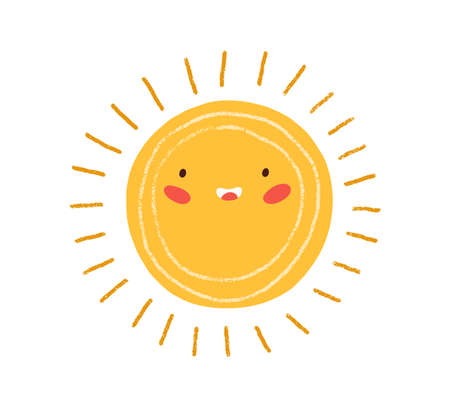 Cute happy summer sun with rays. Childish drawing of solar circle in Scandinavian style. Sunny weather doodle icon. Colored flat textured vector illustration isolated on white backgroundのイラスト素材