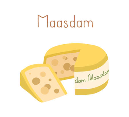 Waxed Holland cheese wheel of Maasdam and cut triangle piece of Dutch chees with holes and yellow rind. Colored flat vector illustration of delicatessen food or snack isolated on white backgroundのイラスト素材