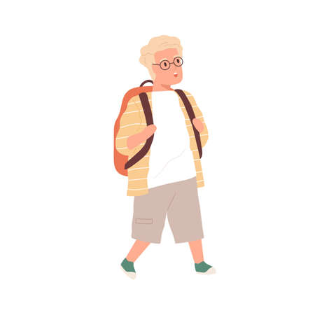 Surprised and shocked boy walking and staring at smth with open mouth. Amazed child with funny face expression. Kids reaction to smth amazing. Colored flat vector illustration isolated on whiteのイラスト素材