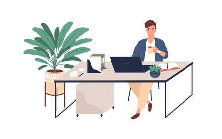 Happy young man working with laptop at desk, holding cup of coffee. Office worker at modern workplace with plants. Colored flat vector illustration of positive employee isolated on white backgroundのイラスト素材