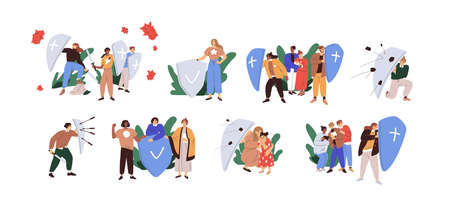 Set of people with shields protecting from dangers. Concept of defense, insurance, safety, risk protection and attack resistance. Colored flat graphic vector illustration isolated on white backgroundのイラスト素材
