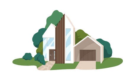 Modern house building exterior. Minimalistic contemporary villa architecture. Facade of suburban home. Realistic colored flat vector illustration of rural real estate isolated on white backgroundのイラスト素材