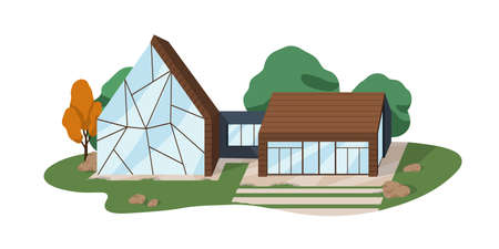 Modern villa building from glass and wood. Contemporary architecture of suburban residential house with windows. Colored flat vector illustration of real estate isolated on white backgroundのイラスト素材