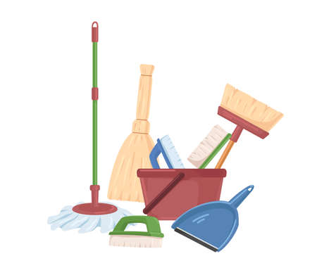 Household plastic tools such as broom, mop, bucket, scoop and brushes for cleanup. Manual domestic supplies for sweeping and cleaning. Colored flat vector illustration isolated on white backgroundのイラスト素材