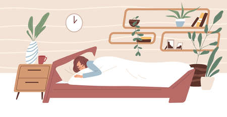 Tired woman sleeping in comfortable bed under blanket in bedroom. Person dreaming in cozy room. Bedtime concept. Colored flat vector illustration of sleepy human isolated on white backgroundのイラスト素材