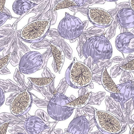 Seamless pattern with tropical fresh fig fruits and leaves on white background. Endless repeatable...