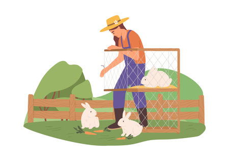 Young female farmer feeding rabbits with carrot. Woman in overall care about bunnies in cage. Animal breeding. Flat vector illustration of person and domestic hares isolated on white backgroundのイラスト素材