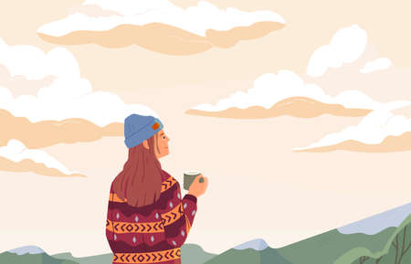 Young woman enjoying peaceful landscape, relaxing, looking at sky with clouds, drinking tea and dreaming. Inspiration concept. Colored flat vector illustration of person alone with natureのイラスト素材