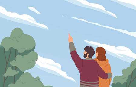 Romantic couple hugging and looking at sky with clouds and distant plane. Man and woman dreaming. Motivation and inspiration concept. Colored flat vector illustration isolated on white backgroundのイラスト素材