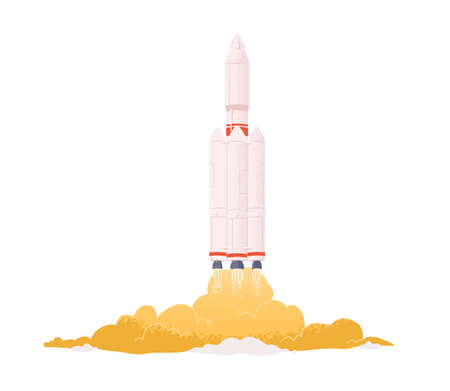 Intergalactic rocket launch. Spaceship takeoff with fire flames from engine. Spacecraft taking off. Concept of start up. Colored flat vector illustration of space shuttle isolated on white backgroundのイラスト素材
