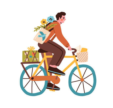 Young man riding bicycle with post boxes, parcels, flowers and envelopes in basket. Happy postman cyclist driving bike. Colored flat vector illustration of mailman isolated on white backgroundのイラスト素材