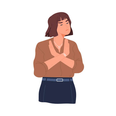 Frowned woman with negative face expression saying no, showing denial, ignore or stop gesture. Person using non-verbal communication. Colored flat vector illustration isolated on white backgroundのイラスト素材