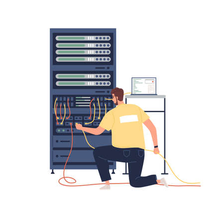 Sysadmin adjusting network and internet connection to computer. System administrator maintaining and repairing server. Colored flat vector illustration of repairman and switchboard isolated on whiteのイラスト素材