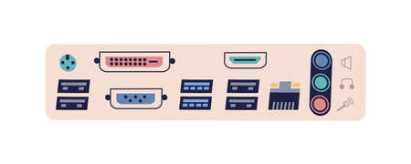 Computer ports for different connector types. Hardware interface with USB, audio, video, DVI, COM,...