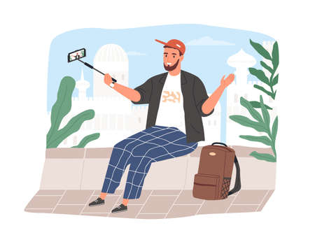 Travel vlogger speaking to phone camera on selfie stick for his lifestyle vlog. Vlogger recording video for social media. Colored flat vector illustration of influencer isolated on white backgroundのイラスト素材
