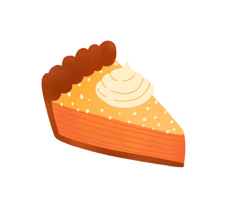 Pie piece flat vector illustration. Tasty cake slice decorated with whipped cream cap isolated on white. Delicious pastry, traditional american cheesecake. Baked dessert, orange tart design elementのイラスト素材