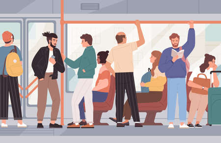 Many people sitting and standing inside public transport. City bus full of passengers, reading and talking. Citizens commuting on trolleybus. Daily urban routine. Colored flat vector illustrationのイラスト素材