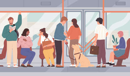 City bus full of different passengers. People inside public transport, sitting and standing, reading books and talking. Citizens traveling on trolleybus. Colored flat vector illustrationのイラスト素材