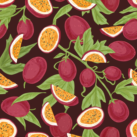 Seamless tropical pattern with juicy passion fruits and leaves. Hand-drawn retro background with fresh passionfruits. repeatable texture for printing. Vector illustration of sweet maracuja piecesのイラスト素材