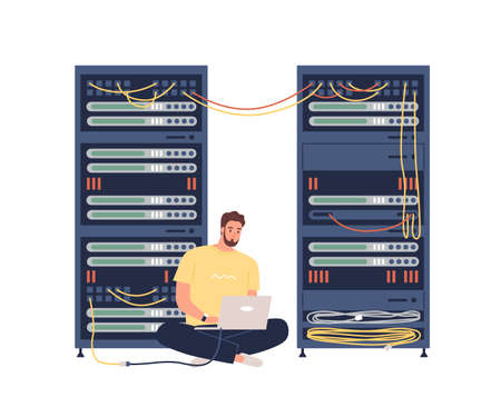 Sysadmin adjusting network connection, repairing equipment, maintaining system work in server room. Man working with hardware. Colored flat graphic vector illustration isolated on white backgroundのイラスト素材