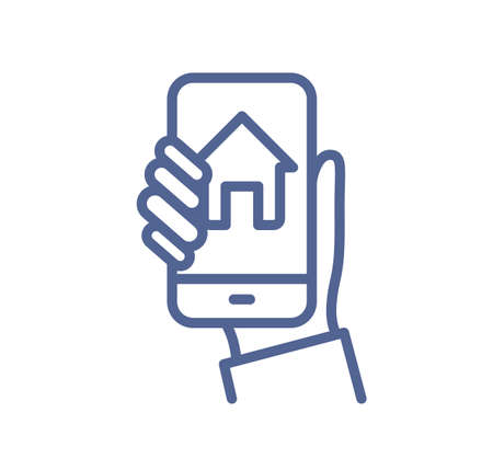 Smart home control app on phone screen in hand. Simple line art icon of house monitoring system through mobile application in lineart style. Flat vector illustration isolated on white backgroundのイラスト素材