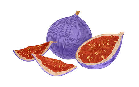 Fresh whole fig and pieces, cut half and quarters with juicy fleshy pulp with seeds. Exotic tropical...
