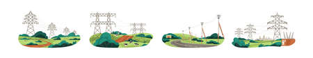Set of city and nature landscapes with high-voltage electric power towers for energy transmission...