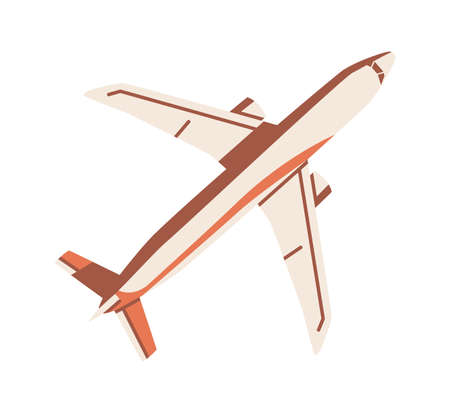 Top view of flying airplane. Aircraft flight. Plane with tail, wings and engine. Passenger air jet. Colored flat vector illustration of aerial transport isolated on white backgroundのイラスト素材