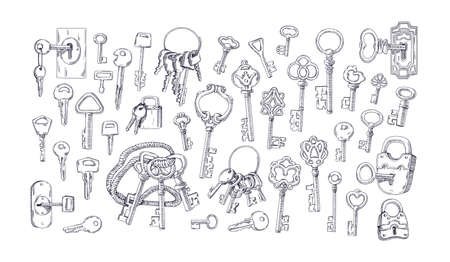 Set of etched vintage old door keys with keychains and rings for locking and unlocking padlocks. Handdrawn medieval objects sketch. Hand-drawn vector illustration isolated on white backgroundのイラスト素材