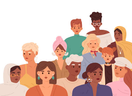 Woman community of diverse women of different age, race, nationality, and skin color. International feminists. Feminism and sisterhood concept. Flat vector illustration isolated on white backgroundのイラスト素材