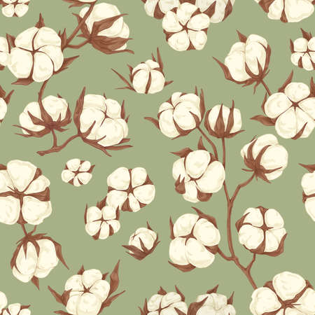 Seamless repeating botanical pattern with soft cotton flower branches. Endless floral background for printing and decoration. Hand-drawn graphic vector illustration for wrapping in vintage styleのイラスト素材
