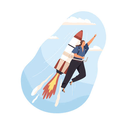 Successful woman launching business startup, flying on rocket with high speed. Development, growth, and aspiration to success concept. Colored flat vector illustration isolated on white backgroundのイラスト素材