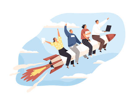 Launch of business startup concept. Team of entrepreneurs flying up on rocket. Group of people on way to success, developing and achieving goals. Flat vector illustration isolated on white backgroundのイラスト素材