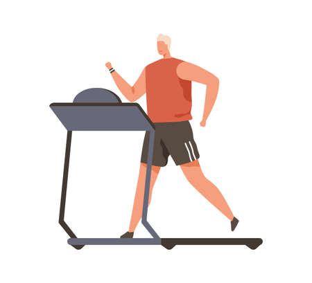 Person running on treadmill. Young man during cardio workout on gym equipment. Runner exercising on sports machine. Jogger training in sportswear. Flat vector illustration isolated on white backgroundのイラスト素材